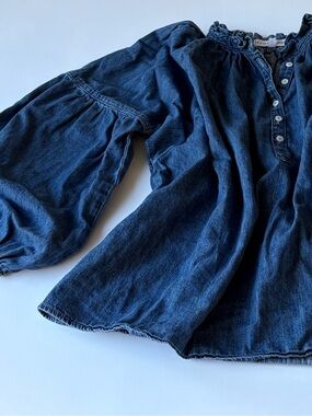 Apiece Apart Mock Neck Three-Quarter Sleeve Blouse in denim